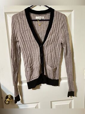 LOFT Taupe Cable Knit Cardigan with Black Trim
